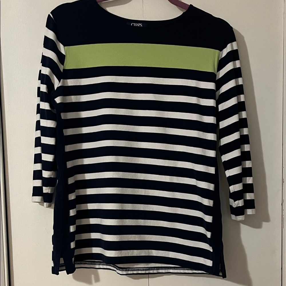Chaps XL, fits like L , navy and White Striped Top with Lime Accent
